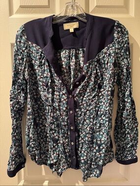 Floral Print Navy Button-Front Women's Top by Moulinette Soeurs